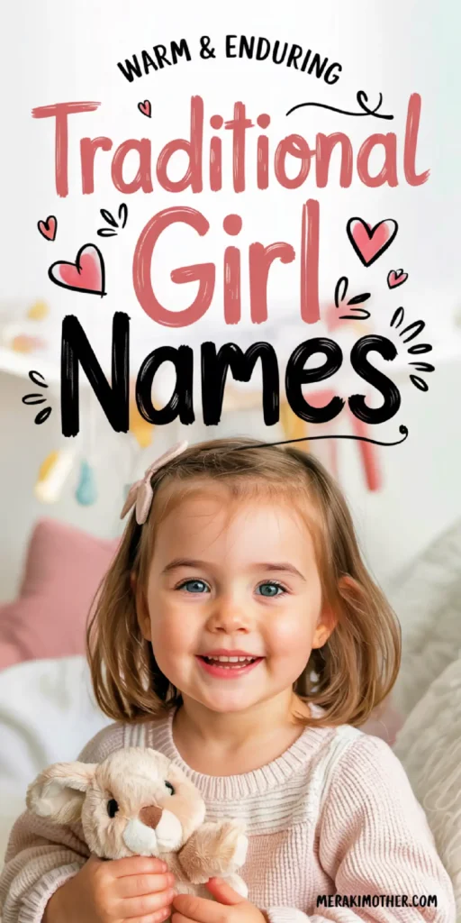 Smiling girl holding a stuffed bunny, featuring vibrant text on traditional girl names. Ideal for parenting and naming resources.