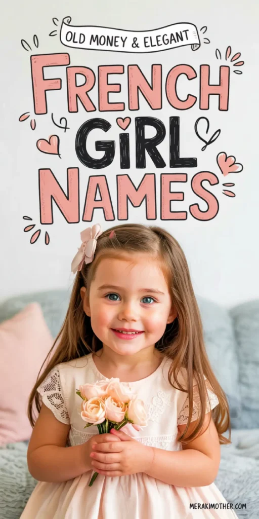 Young girl in a charming dress holding flowers, with French Girl Names text above, embodying elegance and beauty.