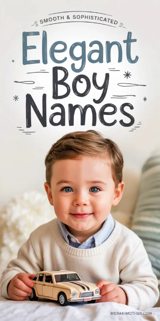 A smiling boy in a cozy sweater holds a toy car, surrounded by soft decor and the phrase Elegant Boy Names.
