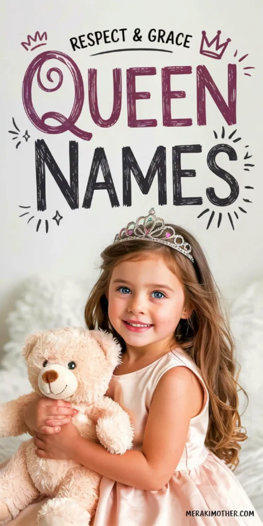 Cute girl in a tiara holding a teddy bear, surrounded by themes of respect and grace, showcasing Queen Names.