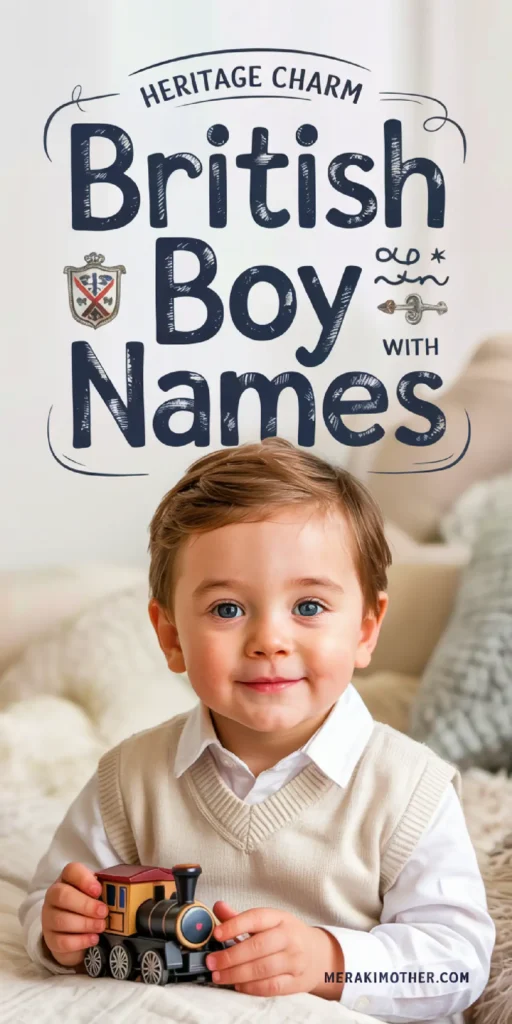 Smiling boy holding a toy train, showcasing charm and heritage in British boy names, perfect for family-themed content.