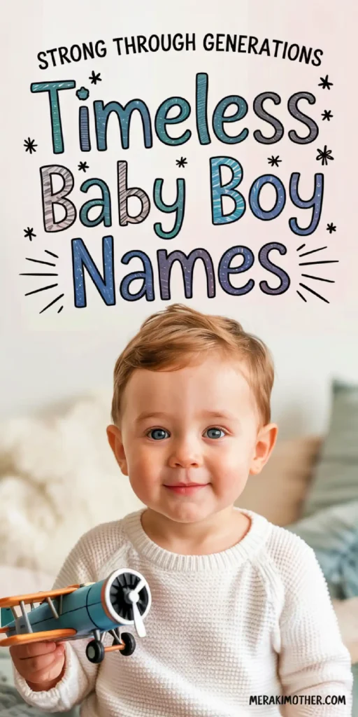 Smiling toddler wearing a white sweater, holding a toy airplane, showcasing timeless baby boy names graphic.