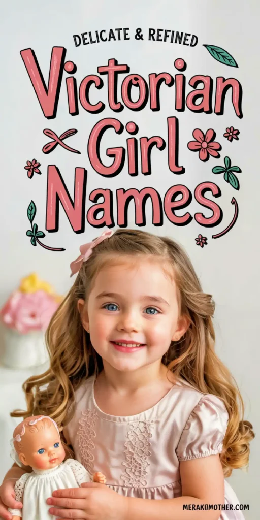 Smiling girl in a pink dress holding a vintage doll, surrounded by Victorian-themed name ideas.