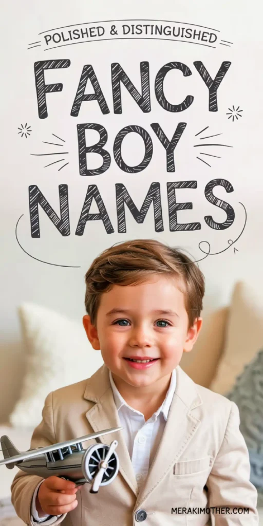 Smiling boy in a beige suit holding a toy airplane, showcasing polished and distinguished fancy boy names.