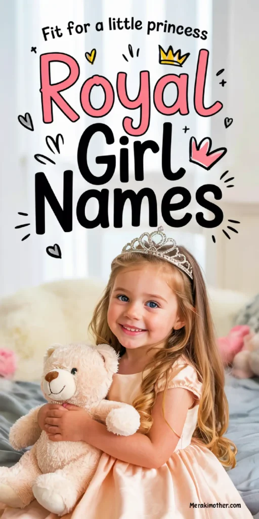 Adorable girl in a tiara holds a teddy bear, showcasing the theme Royal Girl Names for little princesses.