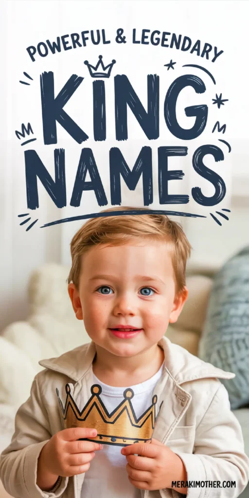 Happy child wearing a crown, representing powerful and legendary king names, surrounded by soft home decor.