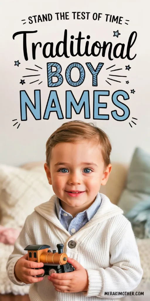 A smiling boy in a cozy sweater holding a toy train, showcasing traditional boy names in a playful design.