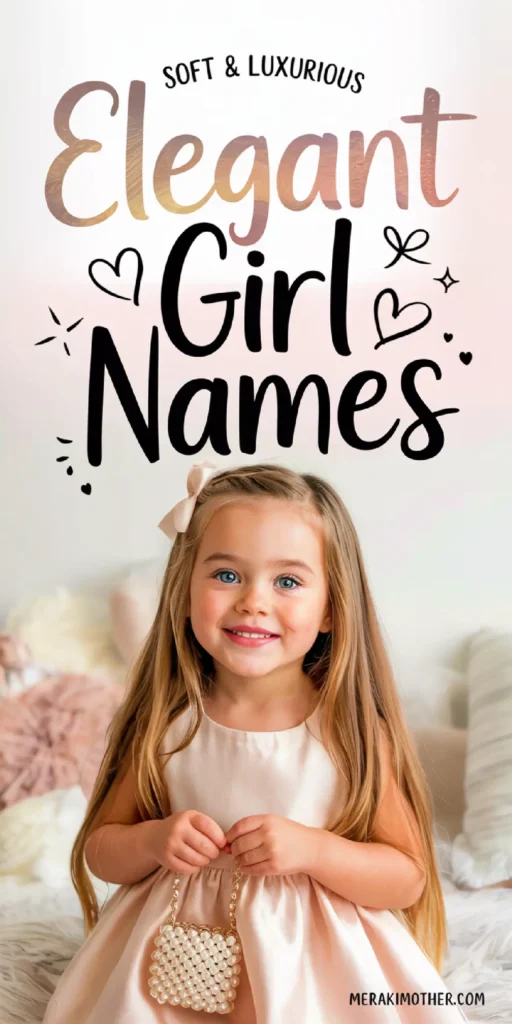Smiling girl in elegant dress with a pearl purse, featuring text Soft & Luxurious Elegant Girl Names.