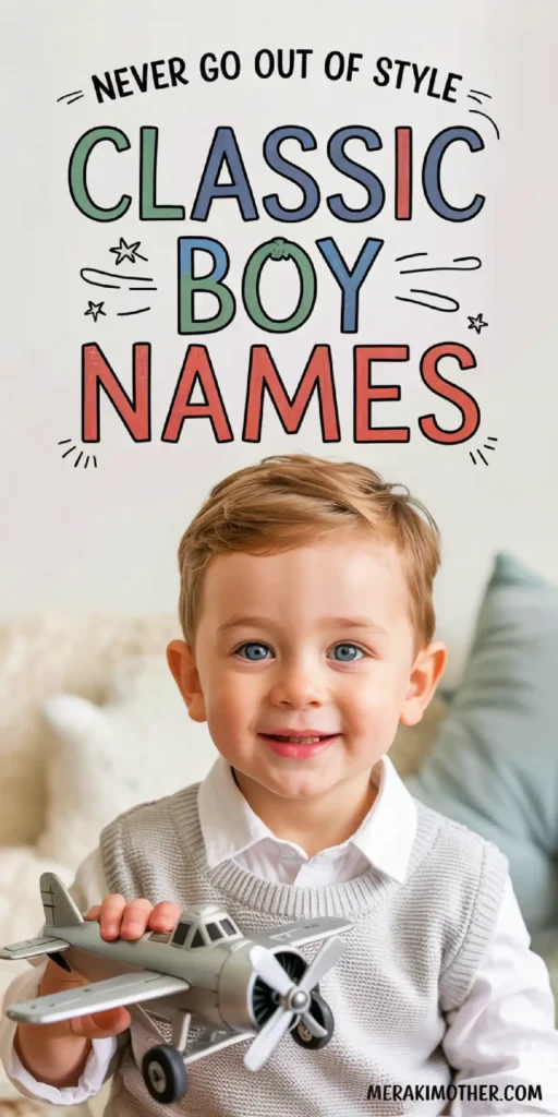 Happy toddler with a toy airplane, showcasing classic boy names in a playful, stylish design. Perfect for baby name inspiration.