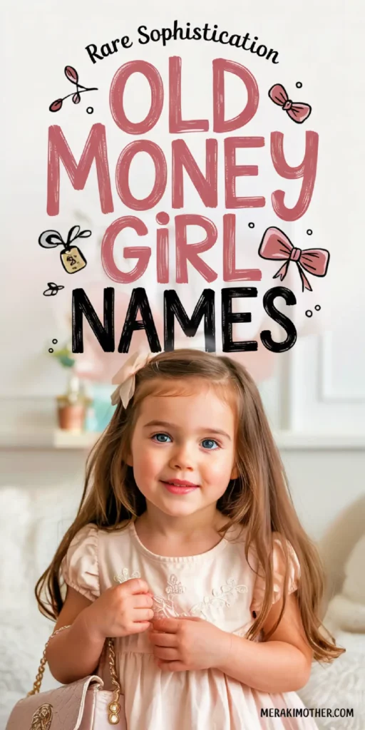 A young girl smiles while holding a handbag, showcasing Old Money Girl Names illustration above her.