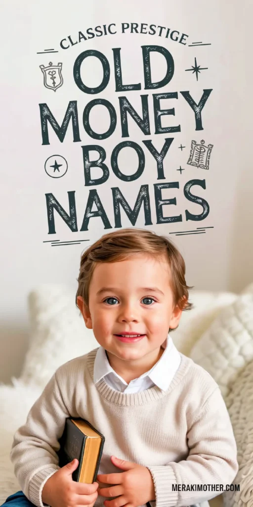 Smiling boy dressed in smart attire holds a book, surrounded by text about classic old money boy names.