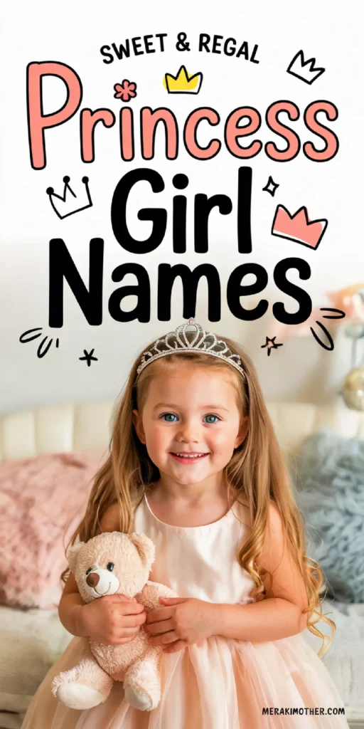 Cute girl in a tiara holds a teddy bear, featuring the text Sweet & Regal Princess Girl Names. Perfect for baby names.