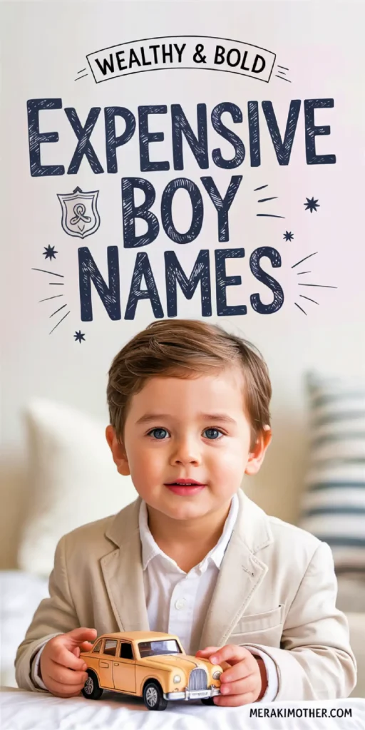 A young boy in a suit holds a toy car, surrounded by text about wealthy and bold boy names.