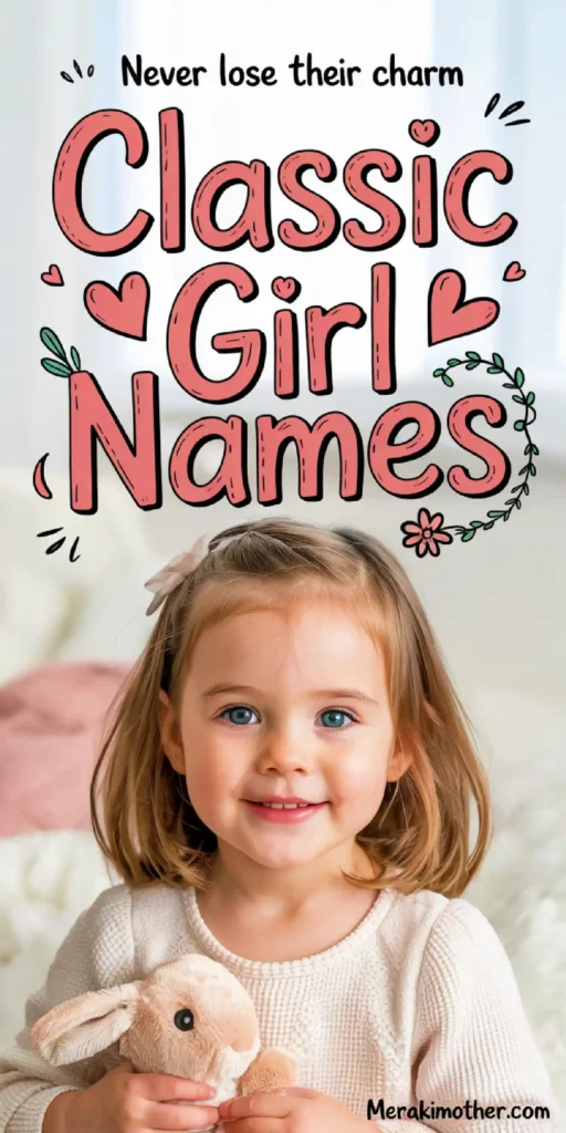Smiling girl holding a stuffed bunny, surrounded by a playful background featuring Classic Girl Names text.