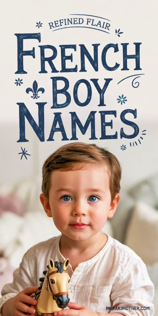 Cheerful boy with blue eyes holding a toy horse, featuring text about refined French boy names.