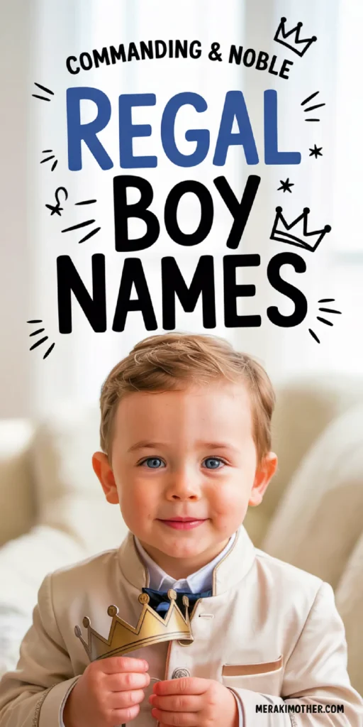 Smiling boy in regal attire holding a crown, highlighting noble and commanding boy names.