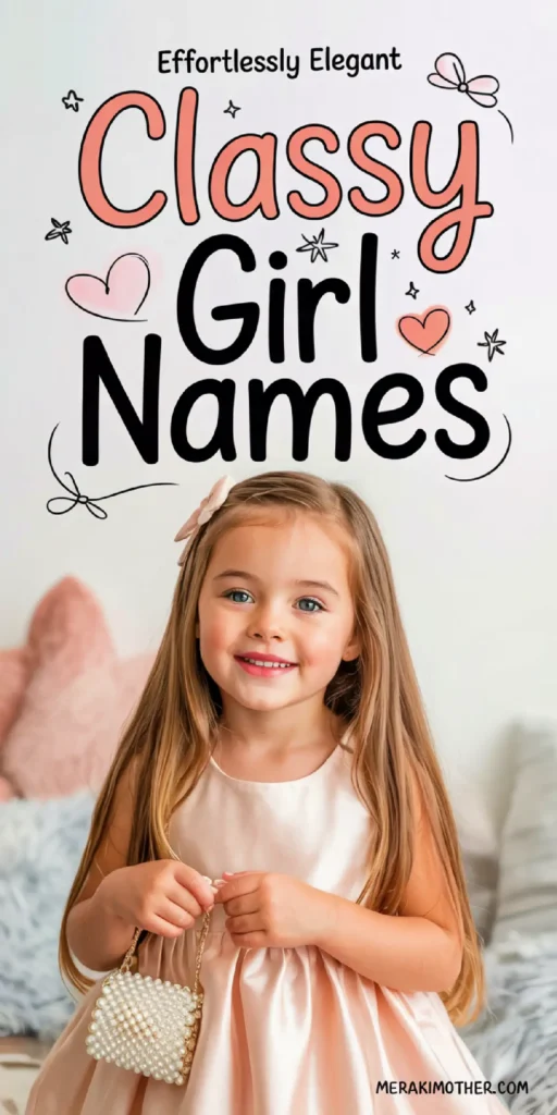 Smiling girl in an elegant dress, holding a pearl purse, with Classy Girl Names graphic above her.