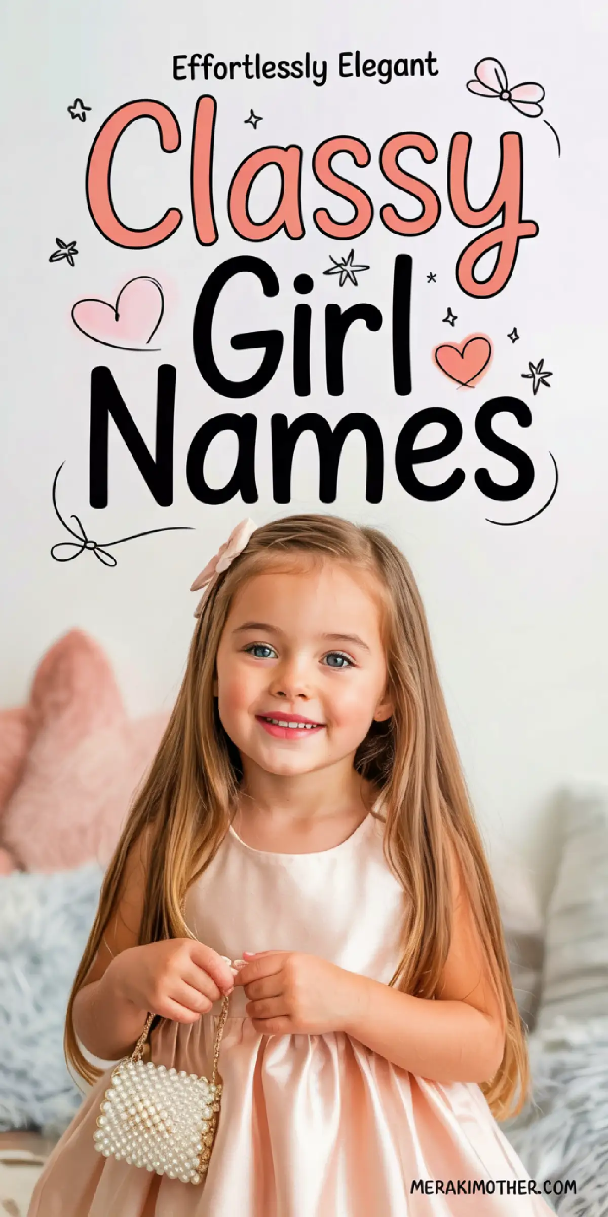Smiling girl in an elegant dress, holding a pearl purse, with Classy Girl Names graphic above her.
