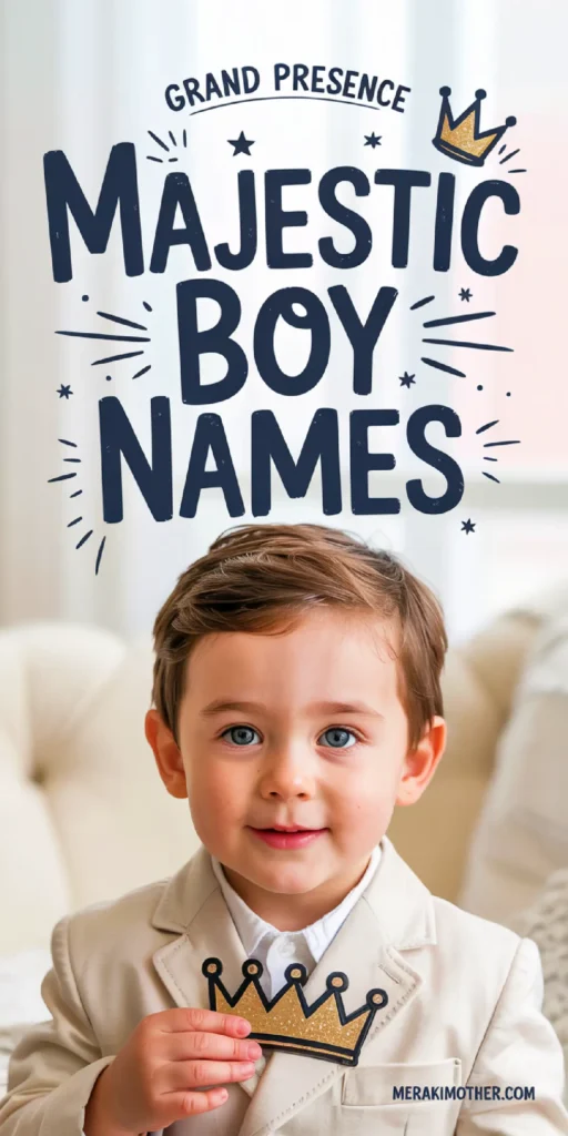 Adorable boy in a suit holding a crown; promoting majestic boy names with a playful, royal theme.