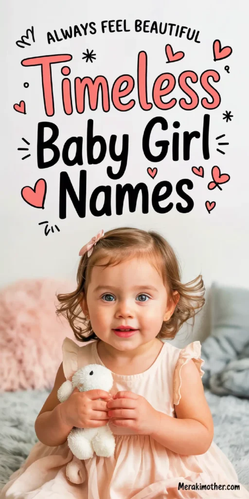 Smiling baby girl holding a stuffed animal, with text about timeless baby girl names and feeling beautiful.