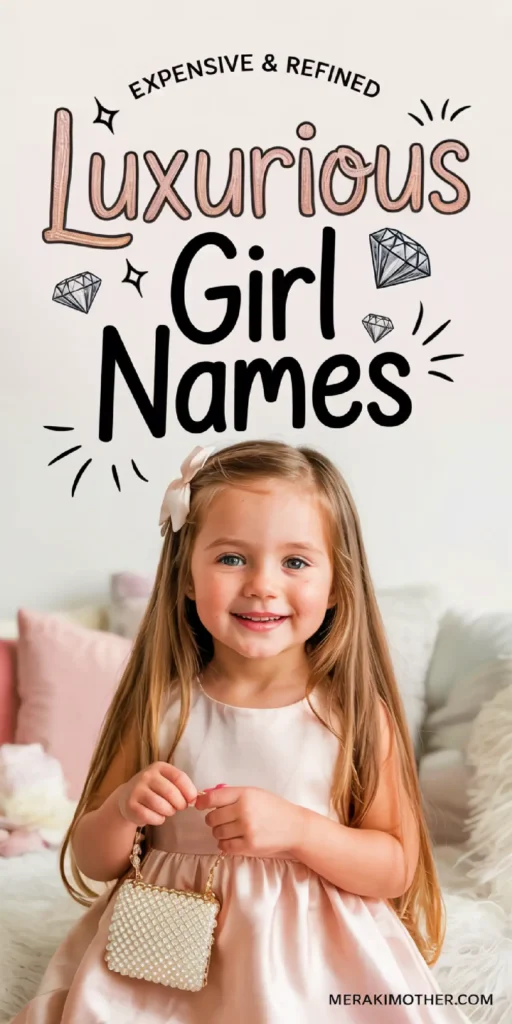 Girl in a pink dress holding a beaded purse, with Luxurious Girl Names text above, symbolizing elegance and refinement.