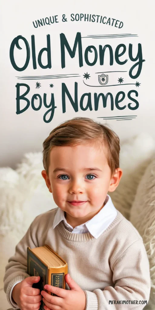 Young boy holding a classic book, showcasing Old Money Boy Names design, with a cozy, sophisticated background.