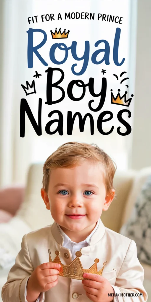 Young boy in a cream suit holding a crown, captioned 'Royal Boy Names' for modern parenting inspiration.