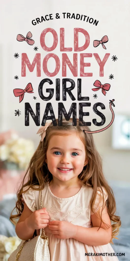 Cheerful young girl in a stylish dress with a purse, showcasing Old Money Girl Names graphic for timeless name inspiration.