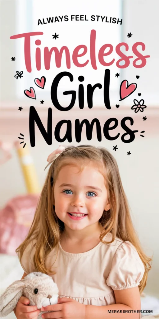 Smiling girl in a stylish outfit holding a bunny, with text about timeless girl names in a playful font.