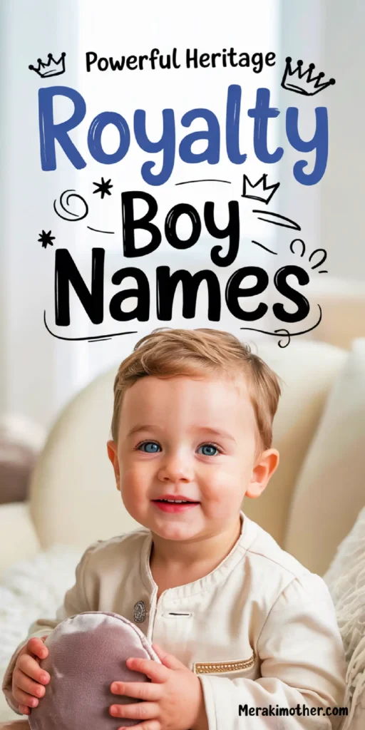 Smiling boy in a royal outfit with colorful text about powerful heritage and boy names on display.