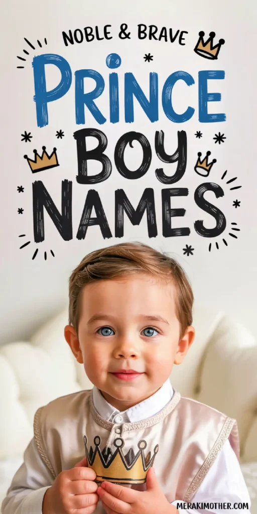A charming young boy in royal attire holding a crown, with Noble & Brave Prince Boy Names text above him.