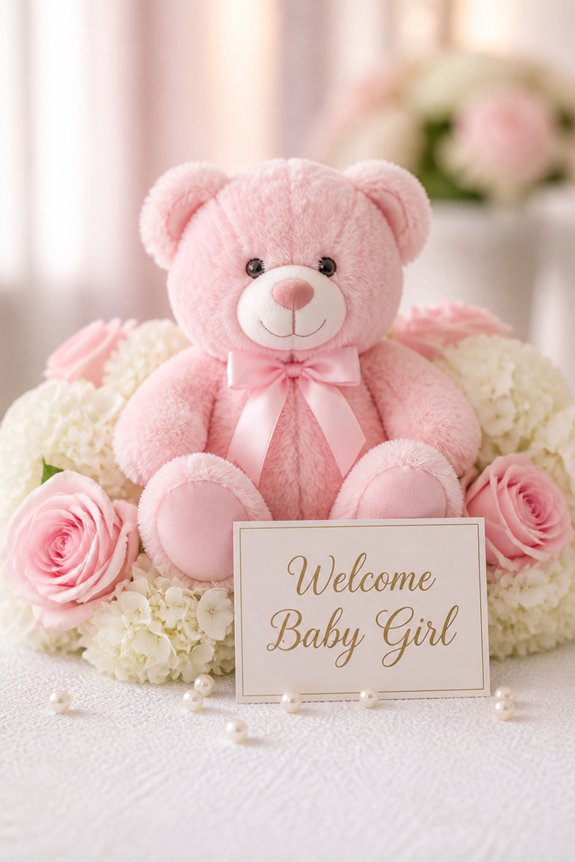 pink bear with flowers and balloons
